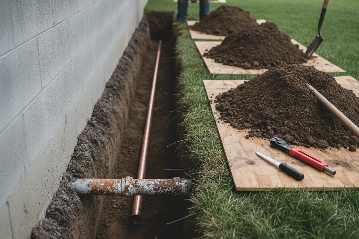 Excavated water line trench during Water Softener Installation in Rockaway Beach